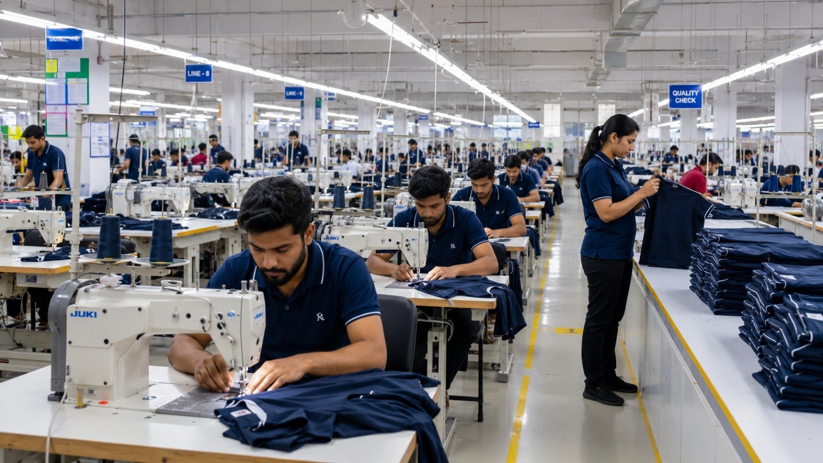 Apparel production at industrial sewing machines